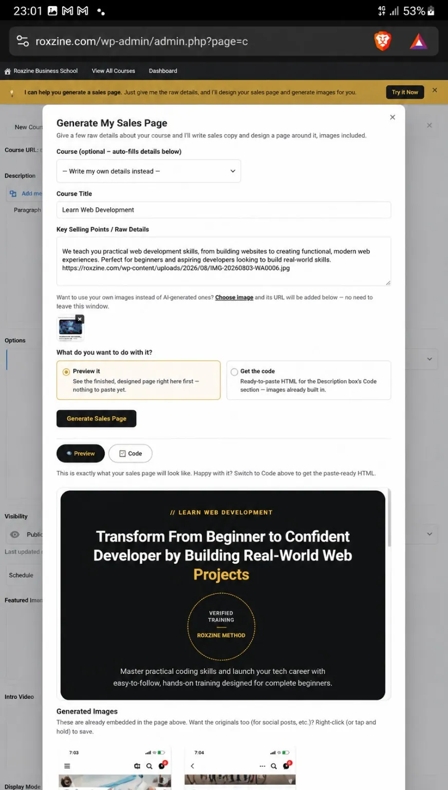 RBS built-in AI Assistant generating a sales page