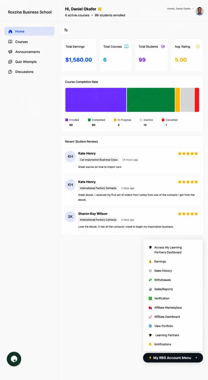 RBS instructor dashboard showing real earnings and course stats