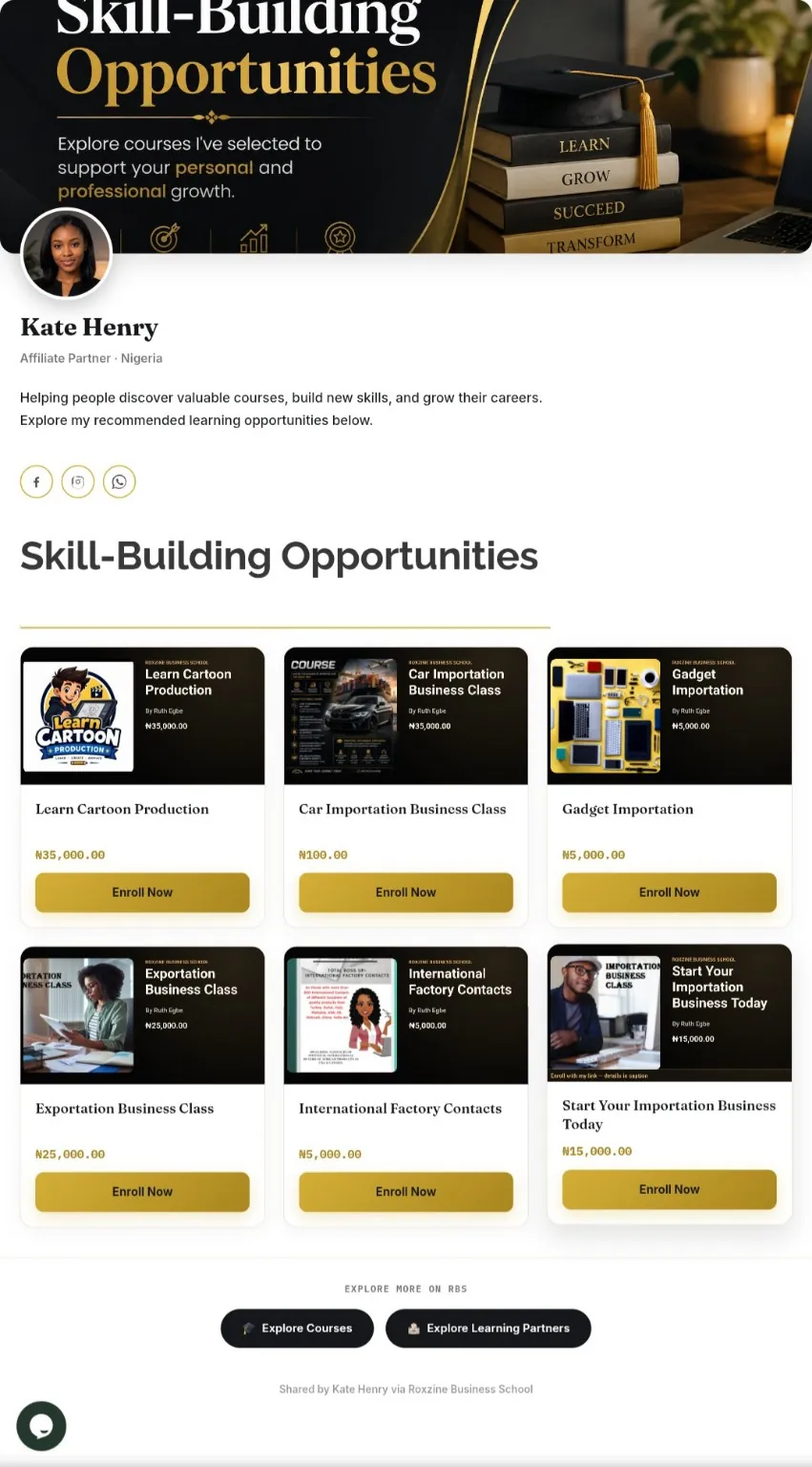 A public Affiliate Profile storefront on RBS