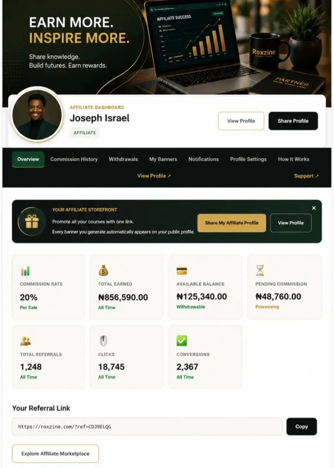 RBS Affiliate Dashboard showing referrals and commissions