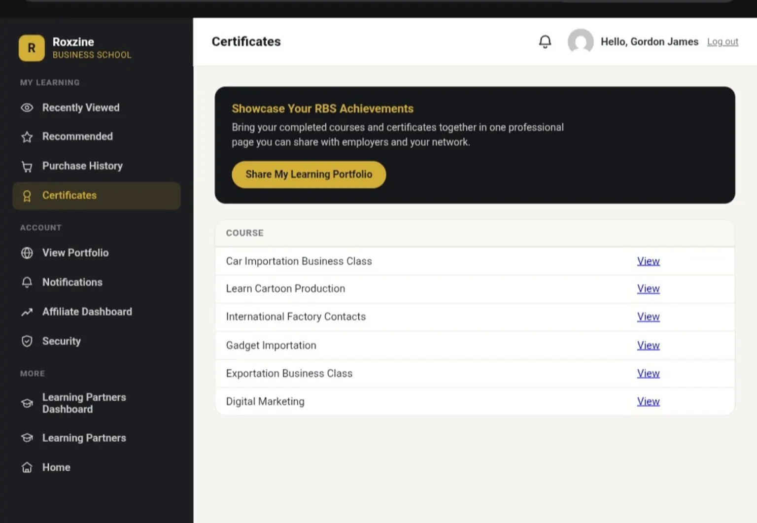 RBS student certificates page