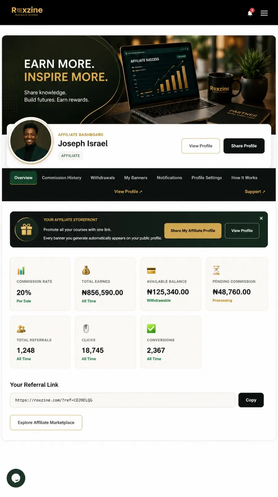 Affiliate Dashboard on RBS showing clicks, sales and earnings